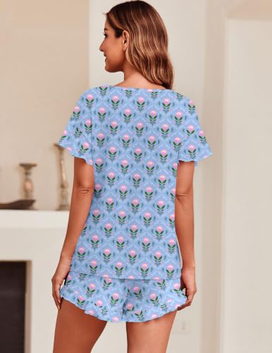 Image of Ekouaer Women's Pajama Set Ruffle Sleeves Top and Short Soft 2 Piece Loungewear Set