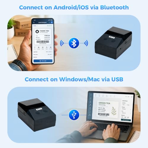 Image of EXEO EX58L Portable Bluetooth Thermal Label Printer for Business, Office & Home | 2 Inch | Inkless | 203 DPI | Android, iOS, Windows & Mac | Free Label Printing App | Barcode, MRP & Product Labels