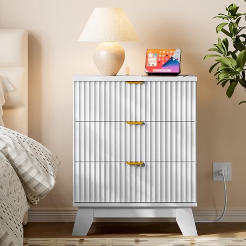Image of BORNOON 30.5 inch Nightstand with Charging Station, 3-Drawer Fluted Bedroom Chest, Wood Bedside Dresser with Power Outlets and USB Ports, Metal Slides, Stable Base, Modern Storage Cabinet for Small Spaces