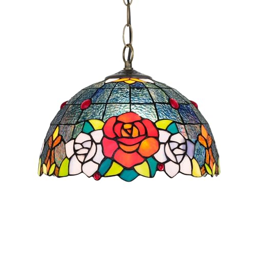 QUSYZD Lámpara de Techo Estilo Tiffany, lámpara Colgante de vitral de 12 Pulgadas con Rosas Azules, decoración Vintage, candelabro para Isla de Cocina, Comedor, Sala de Estar, dormitor,