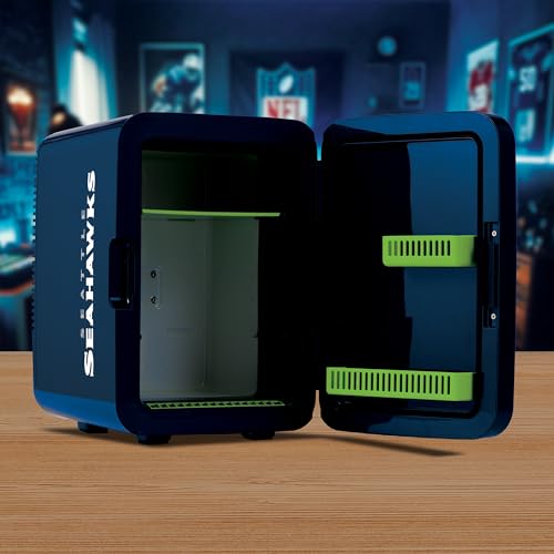 Image of Ukonic NFL Seattle Seahawks 15-Can Mini Fridge 10L - AC /DC Powered, Official Team Colors & Logo, Portable Cooler for Tailgates, Home, Office, or Car