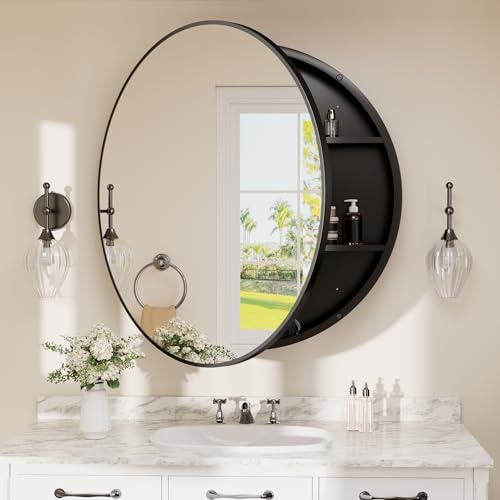 Image of TETOTE Bathroom Mirror Cabinet 30 x 30 Black Round Bathroom Medicine Cabinet with Mirror Adjustable Shelves Farmhouse Wall Mirror with Storage Surface Mounted