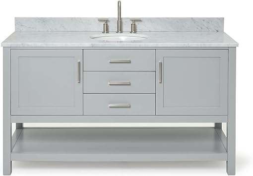 ARIEL Bayhill 61 in. Double Oval Sink Vanity with Carrara White Marble Countertop in Grey