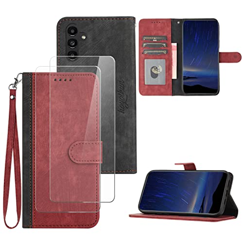 Flip Custodia Premium per Samsung Galaxy A54 5G+2 Pezzi Vetro Temperato .Custodia Sottile per Telefono Supporto Stand Chiusura Magnetica viola-rosso pelle sintetica