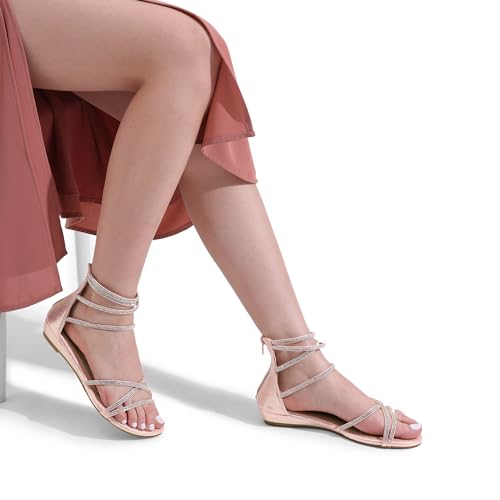 Image of DREAM PAIRS Women's Ankle Strap Flat Sandals Summer Dressy Strappy Gladiator Rhinestones Sandals