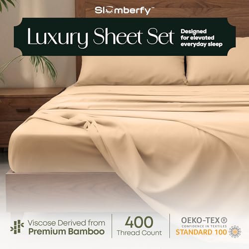 Image of Slumberfy 4-Piece 400 TC Viscose Derived from Bamboo Sheets, Full Size - 1 Fitted, 1 Flat, 2 Pillow Cases - Deep Pocket Cooling Viscose-Bamboo Bed Sheets in Magnetic Closure Gift Box, Sand