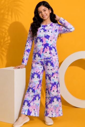 Image of TotzTouch Girls Printed Pyjama Set | Full Sleeve Top with Wide Leg Pyjama Pants | Stylish Cotton Co-Ord Nightwear Set for Kids