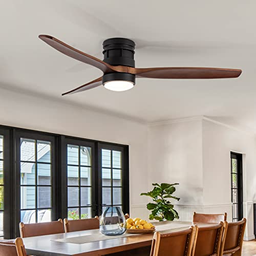 Ekiznsn 52 Inch Modern Outdoor Flush Mount Ceiling Fan With Lights Remote Control, Low Profile Wood Ceiling Fan With 3 Blades For Bedroom/Living Room, Matte Black #TOP3