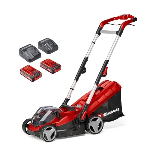 Einhell Cortacésped inalámbrico RASARRO 36/34 Kit Power X-Change (36 V, 34 cm de Ancho de Corte, hasta 300 m², Cesta de 30 L, Altura de Corte de 25-65 mm, Incluye 2 baterías de 3,0 Ah + 2 Cargadores)