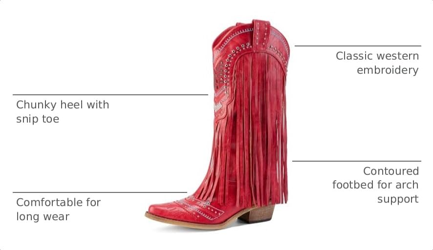 Image of Fringe Cowboy Boots for Women Wide Calf Embroidered Tassal Cowgirl Boot Knee High Snip Toe Pull On Western Shoes
