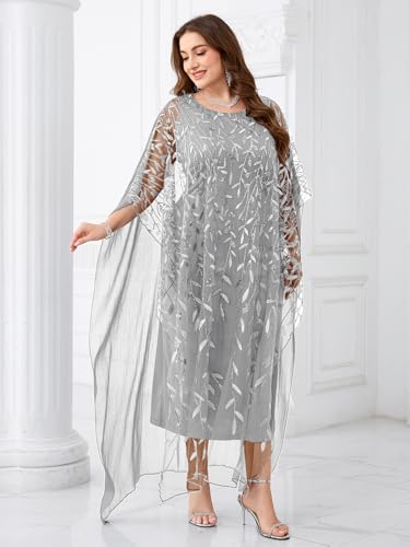 Image of Plus Size Sparkly Formal Evening Gown Sequin Cape Overlay Mother of Bride Dress Wedding Guest Cocktail Party