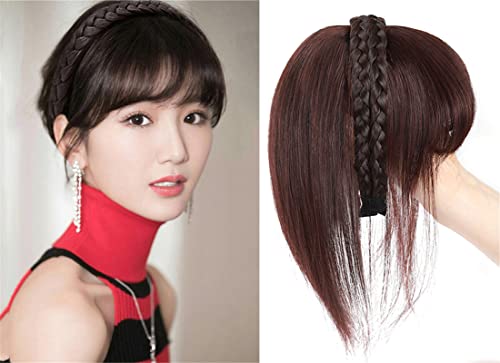 Aimeely Women 10" Braid Headband Straight Hairpieces Human Hair Clip In Topper Hair Extension With Bangs Dark Brown