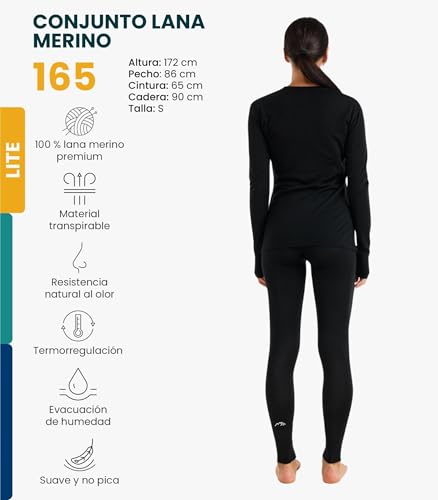Miniatura 2 de Merino.Tech Conjunto Lana Merino Mujer - 100 Termica Lana Merino Camisa Y Pantalon Ligero Con Calcetines Small, 165 Lite Black