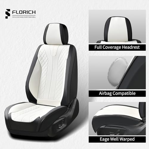 Image of FLORICH Waterproof Front Car Seat Cover Faux Leather Automotive Seat Cover Front Car Seat Cushion Car Seat Protector Accessories Universal Fit for Most Cars SUV Trucks, Black&White