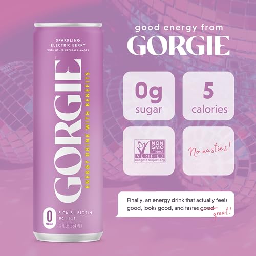 Gorgie Sugar Free Natural Energy Drinks, Sparkling Electric Berry (12 Pack) - Healthy Energy Drinks - Natural Coffee Replacement With Green Tea Caffeine And Biotin - 150Mg Caffeine, Vegan, & Low Calorie #TOP2
