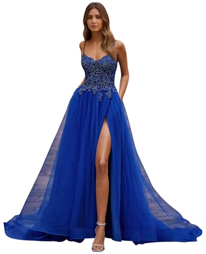 Dream Wedding Elegant Prom Dresses for Women with A-Line Design and Spaghetti Straps - Formal Evening Gowns with V-Neck and Lace Appliques Royal Blue 24 Plus Size DR0961