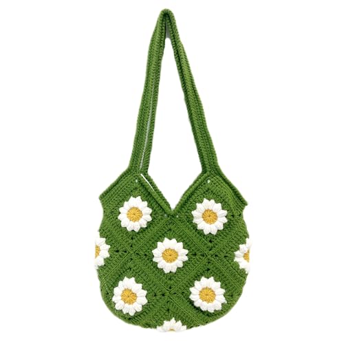Herrida Crochet Bags And Totes Floral Tote Bag Crochet Purse For Women Knit Bag Flower Purse Daisy Gifts Fairycore Cute Beach Vacation Vintage Green Crochet Gifts