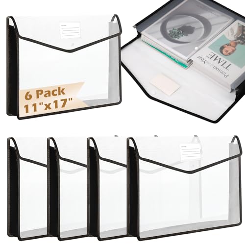 6 PCS 11 x 17 Inch Expandable Tabloid Size Document Folder with Label A3 Plastic Folders for Documents Black Expanding File Wallet Envelope Size Waterproof Clear Plastic File Pouch for Office