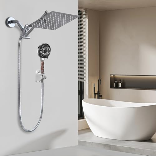 Image of Filtered Shower Head,8 inchRain Shower Head with Handheld Spray Combo with 11'' Angle Adjustable Extension Arm /Flow Regulator /Shower System,High Pressure Rainfall Shower Head Bathroom,Chrome