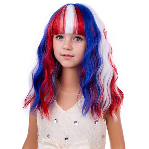 Image of PATTNIUM 4th of July Wigs for Girls Kids Blue Red and White Wig with Bangs Children Short Rainbow Wavy Curly Girl Colorful Bob Wigs Synthetic Halloween Cosplay Wig