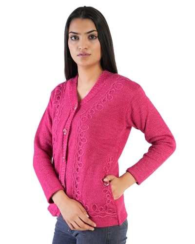 Image of MANRA Women's Woolen V-Neck Buttoned Full Sleeve Cardigan Self Design Soft Wool Fabric Winter Wear Pure Wool Sweater Fully Warm with Front Pockets Stylish Cardigan