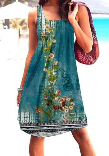 Image of Camisunny Women Casual Loose Tank Dresses Sleeveless Beach Vacation Dress Swing Pleated U Neck Fashion Soft