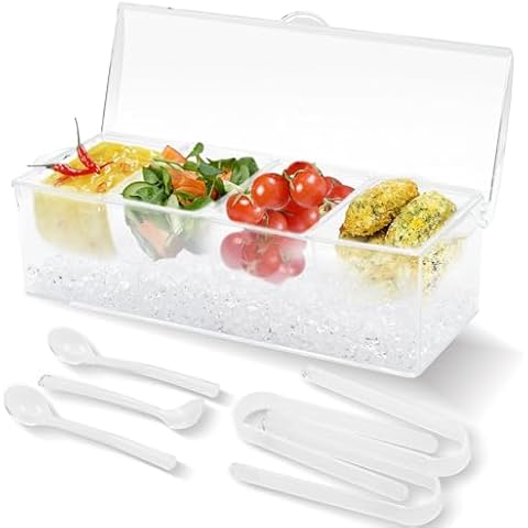 MFBJXC Chilled Condiment Server with 4 Compartments, Bar Condiment Organizer on Ice with Lid, Clear Serving Bar Compartments Box Tray Cover