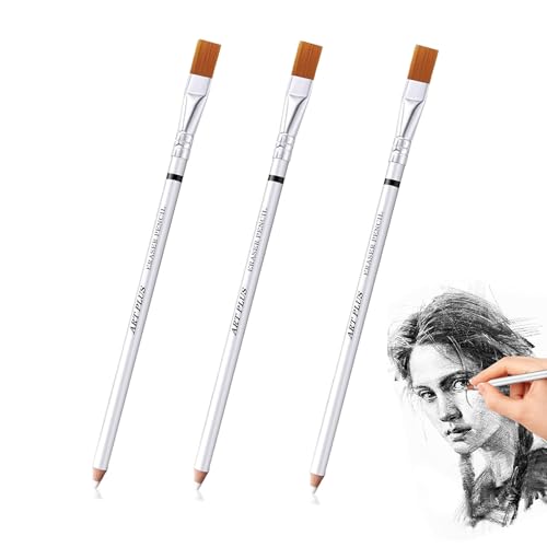 3Pcs Pencil Erasers with Brush Sketch Precision Eraser Pencils Wooden Highlight Drawing Erasers Wooden Rubber Pencil for Erasing Details in Charcoal Drawings Sketching Drawing Detail Revise