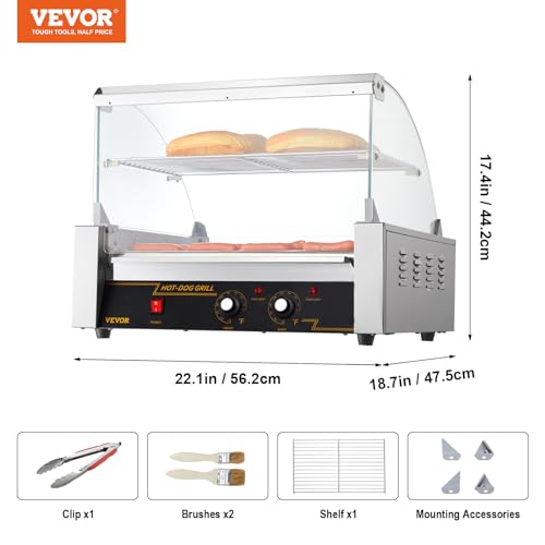 VEVOR Hot Dog Roller, 30 Hot Dog Capacity 11 Rollers, 1800W Stainless Steel Cook Warmer Machine w/Cover & Dual Temp Control, LED Light & Detachable Drip Tray, Sausage Grill Cooker for Kitchen Canteen