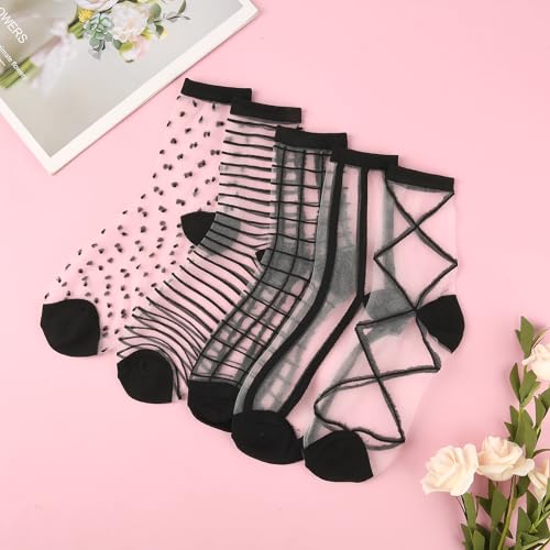 Image of Lusofie 5 Pairs Sheer Black See-Through Socks - Checkered Dot Striped Plaid Ankle Summer Socks for Women - Thin Fashion