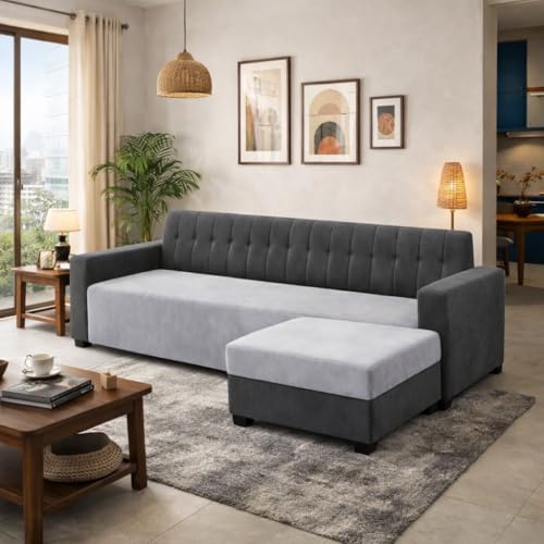Image of FURNY Luxe 4 Seater L Shape Sofa Set with Movable Ottoman | Flexible Left or Right Layout | Plush Velvet Fabric (Dark Grey-Light Grey) | Perfect for Living Room, Guest Room & Office