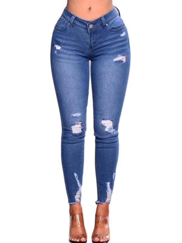 Andongnywell Women's Distressed Ripped Destroy Stretch Denim Pants Butt-Lifting Skinny High Waist Frayed Jeans