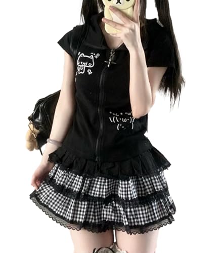 GOTHPICKUS Kawaii Y2K Cute Print Hoodies For Women Short Sleeves Cat Ears Hoodie Kawaii Zip Up Casual Slim Fit Outfits, Cat Black, S