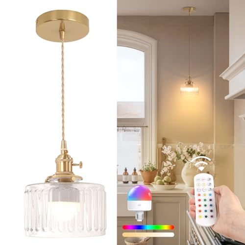 Image of Shenmoyl Battery Operated Pendant Light 5000mAh Rechargeable Chandelier with Remote Control Wireless Adjustable Hanging Clear Striped Light for Kitchen Island Dining Room Hallway