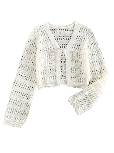 GORGLITTER Girl's Tie Front Crochet Cardigan Hollow Out Long Sleeve Crop Sweater Knit Cover Up Top