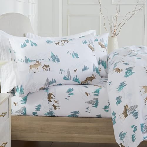 Market & Place 100% Turkish Cotton Flannel Sheet Set | 4 Piece Deep Pocket Novelty Cozy Winter Bed Sheets | Double Brushed for Extra Softness & Comfort | Alpine Collection (Full, Moose)