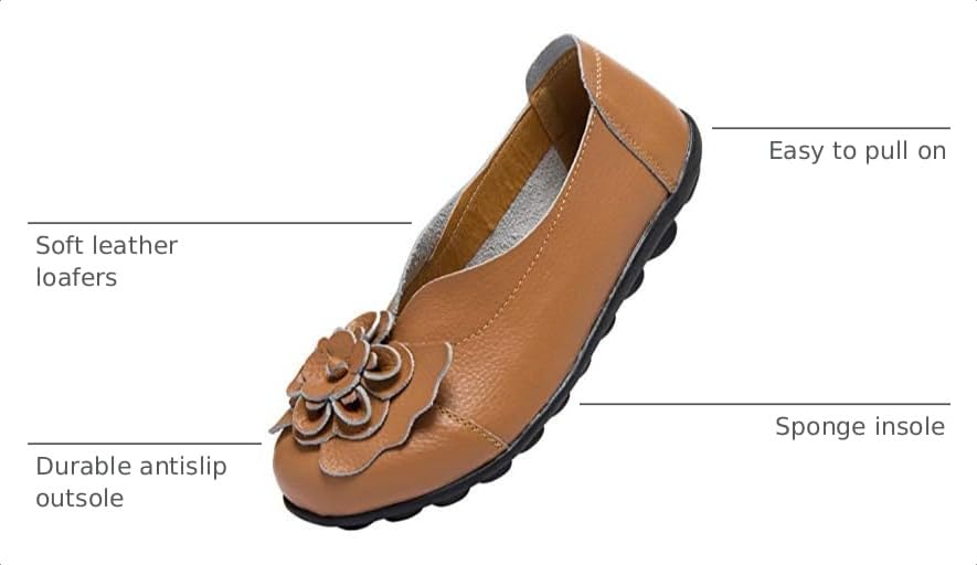 Image of Women's Slip-On Loafers, Comfortable Leather Walking Flats with Memory Foam Insole, Anti-Slip Casual Shoes for Work Office Driving