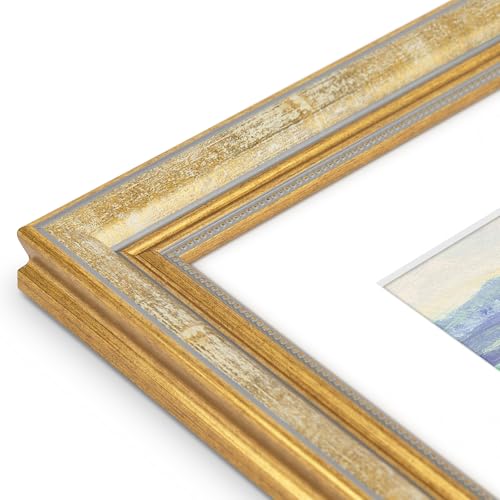 Image of Golden State Art,11x14 Ornate Picture Frame Holds 8x10 Photo,Vintage Gold | Includes real glass front,white mat,build-in hangers and buttons.Displays 8x10 photo on wall