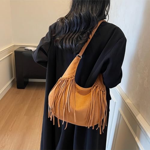 Image of Women Vintage Suede Fringe Hobo Bag Tote Shoulder Bag Crossbody Bag and Hippie Western Cowgirl Purse Shoulder Bag