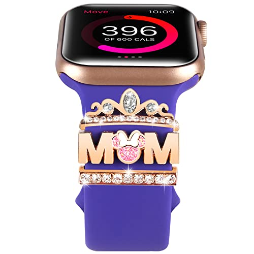 HotHome Damen Mom Metall-Dekorative-Rings-Loops 3 Set mit Mum Gravur-Kompatibel mit Apple Watch Silikon Armband Charm für Armband Smartwatch Uhrenarmband Schmuck Geschenk-Muttertag (Mom Schrift Gold) Cover