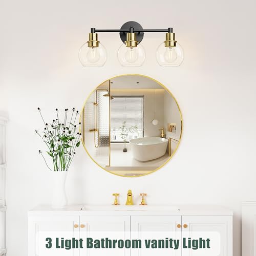 Image of 3 Light Bathroom Light Fixtures, Black and Gold Bathroom Vanity Lights, Modern Vanity Lights 3-Light Globe Bathroom Vanity Lighting Fixture Over Mirror