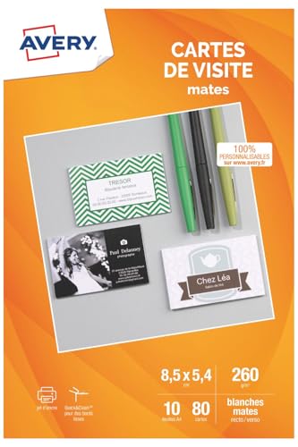 AVERY - Pochette de 80 cartes de visite à bords lisses (260g/m²). Personnalisables et...