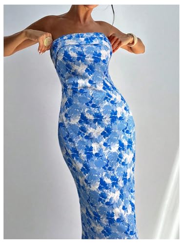 Image of Milumia Women's Boho Floral Tube Dress Wedding Guest Strapless Backless Bodycon Cocktail Summer Long Dresses