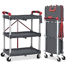 Collapsible Portable Folding Service Cart, 3-Tier Folding Utility Cart with Load Capacity of 165 Lbs Total, Foldable Utility Service Cart with Lockable Wheels for Office, Warehouse, Home Use Grey