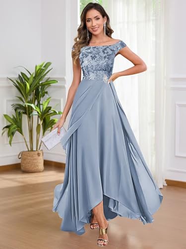 BONOYUER Sequin Mother of The Bride Dresses for Women Off The Shoulder High Low Chiffon Wedding Guest Dress2