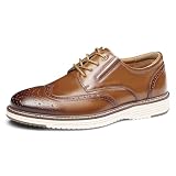 Hantatop Mens Dress Shoes, Genuine Leather Brogue Wingtip Casual Oxford Shoes with Arch Support, Comfortable Stylish Lace Up Derby Dress Sneakers for Business Daily Wedding