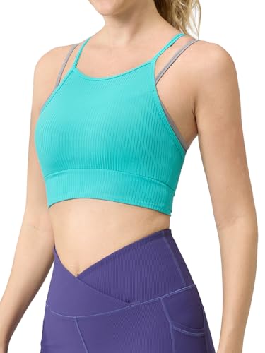 Image of AARYA Women's Ribbed Colorblock Sports Bra Medium Support Yoga Crop Top with Removable Pads Lounge & Light Workouts