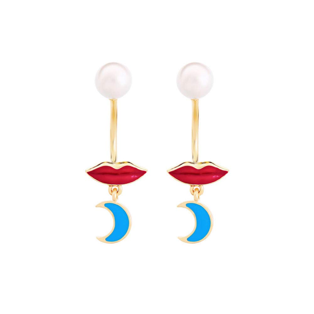 CYJERSHI Earrings Drop Oil Red Lips Moon Stud Earrings, Personality, Detachable Pearl Earrings Gift