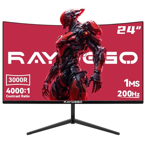 Raywego 24 inch Curved Gaming Monitor 200Hz/180Hz 1ms,FHD 1920×1080P,4000:1 Contrast Ratio,with...