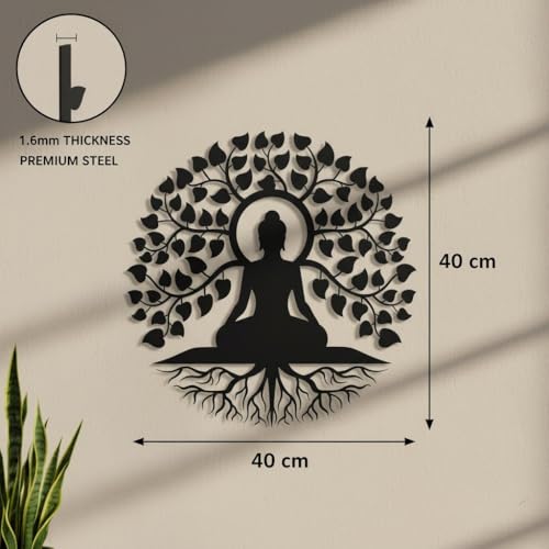 Image of Herrlich Homes Tree of Life Buddha Metal Wall Art |Meditation Yoga Altar Buda Indoor Zen Home Decor |Outdoor Garden Patio Hanging | 40CM X 40CM | Black